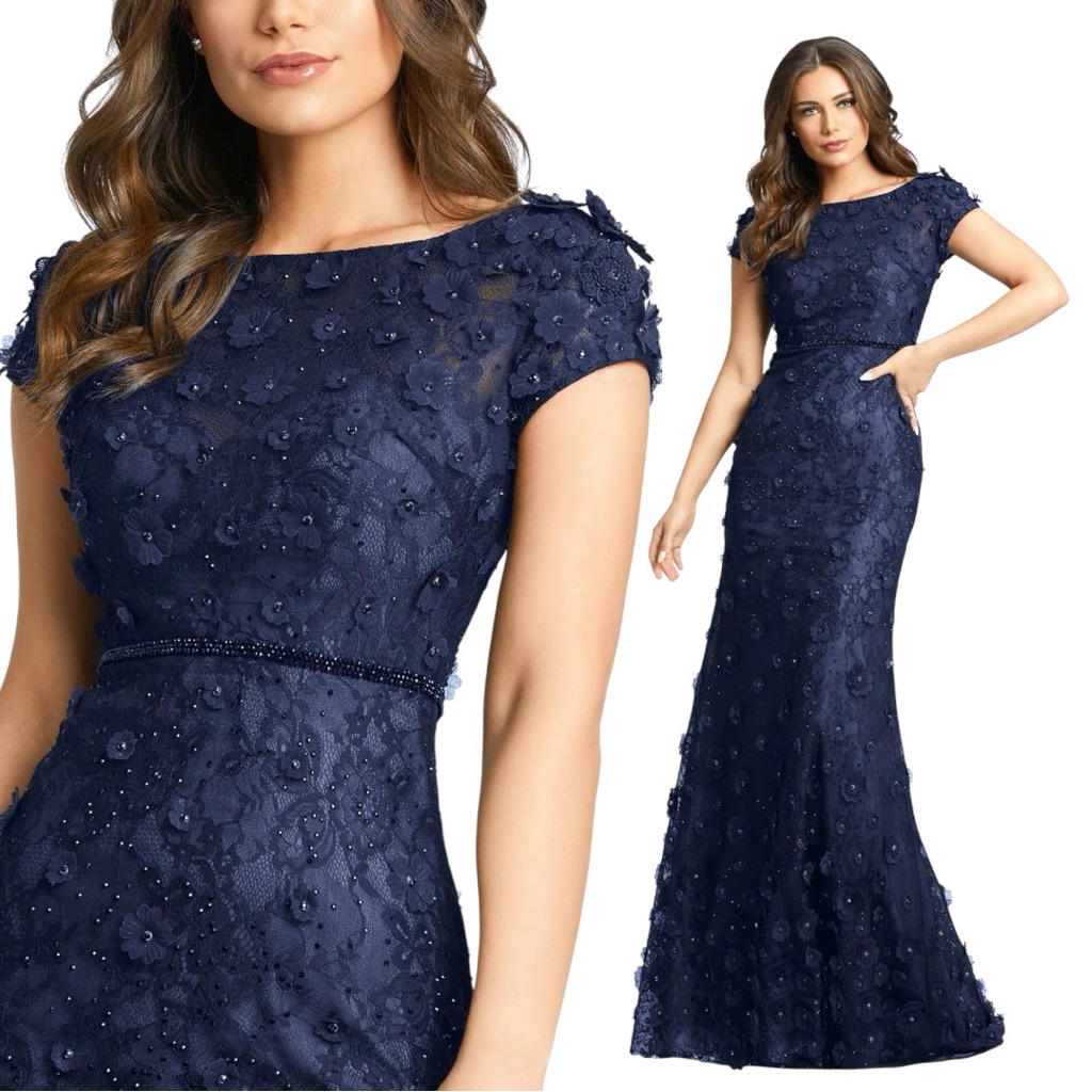 Mac Duggal $598 #67711 Blue Floral Applique Boat Neck Short Sleeve Gown